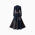 Maelis | Belted Suede Dress for Women – Plaid Panel Elegant Fit-Dresses-Navy-XS-Camoufit