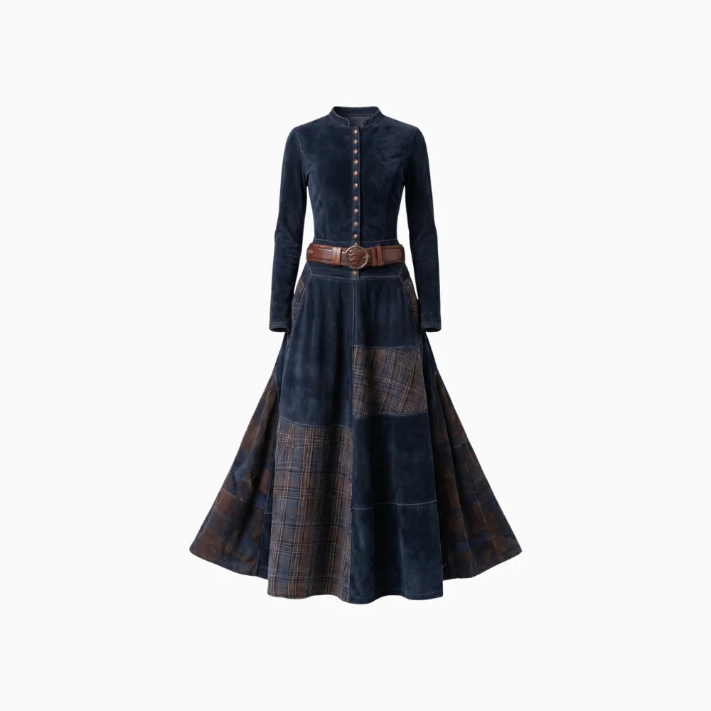 Maelis | Belted Suede Dress for Women – Plaid Panel Elegant Fit-Dresses-Navy-XS-Camoufit