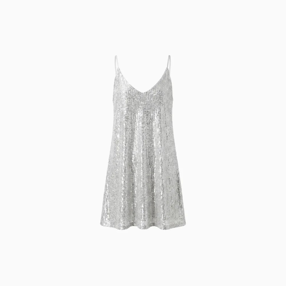 Women's Sequin Mini Dress – V-Back Evening Party Fit-Mini Dress-Silver-S-