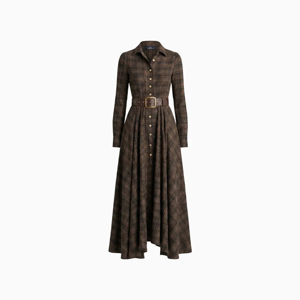 Lunaria | Belted Shirt Dress for Women – Plaid Button-Front Relaxed Fit-Dresses-Brown-S-Camoufit