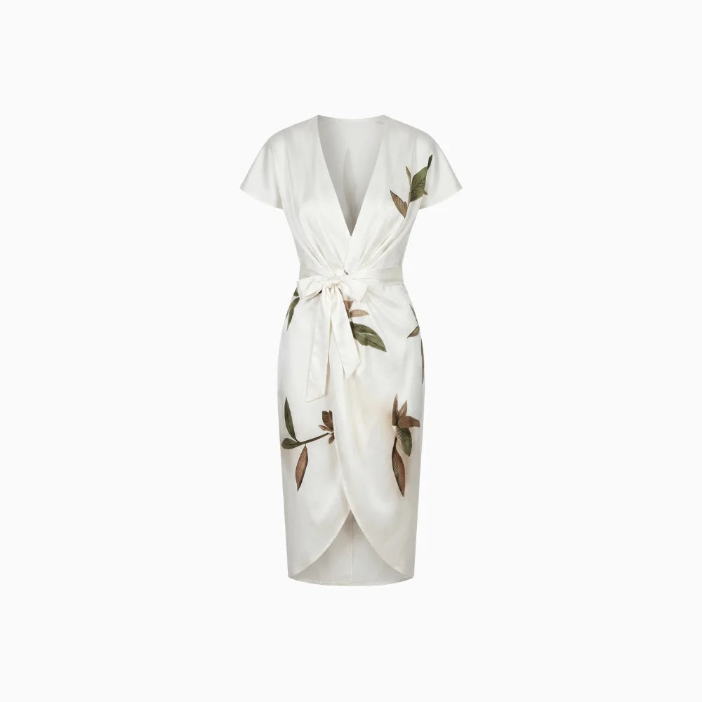 Women's Elegant Wrap Dress with Leaf Print Tie Belt Flattering Silhouette Flowy Maxi Dress-Dresses-White-S-