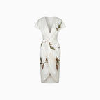 Women's Elegant Wrap Dress with Leaf Print Tie Belt Flattering Silhouette Flowy Maxi Dress-Dresses-White-S-