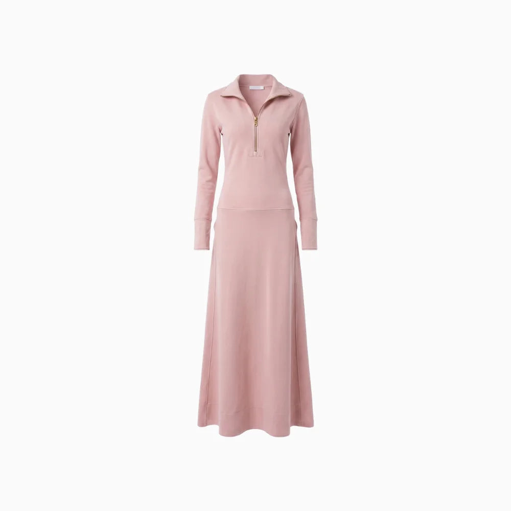 Elyvia | Sporty V-Neck Maxi Dress for Women – Pink Zip Front Fit-Maxi Dress-Light Pink-XS-Camoufit