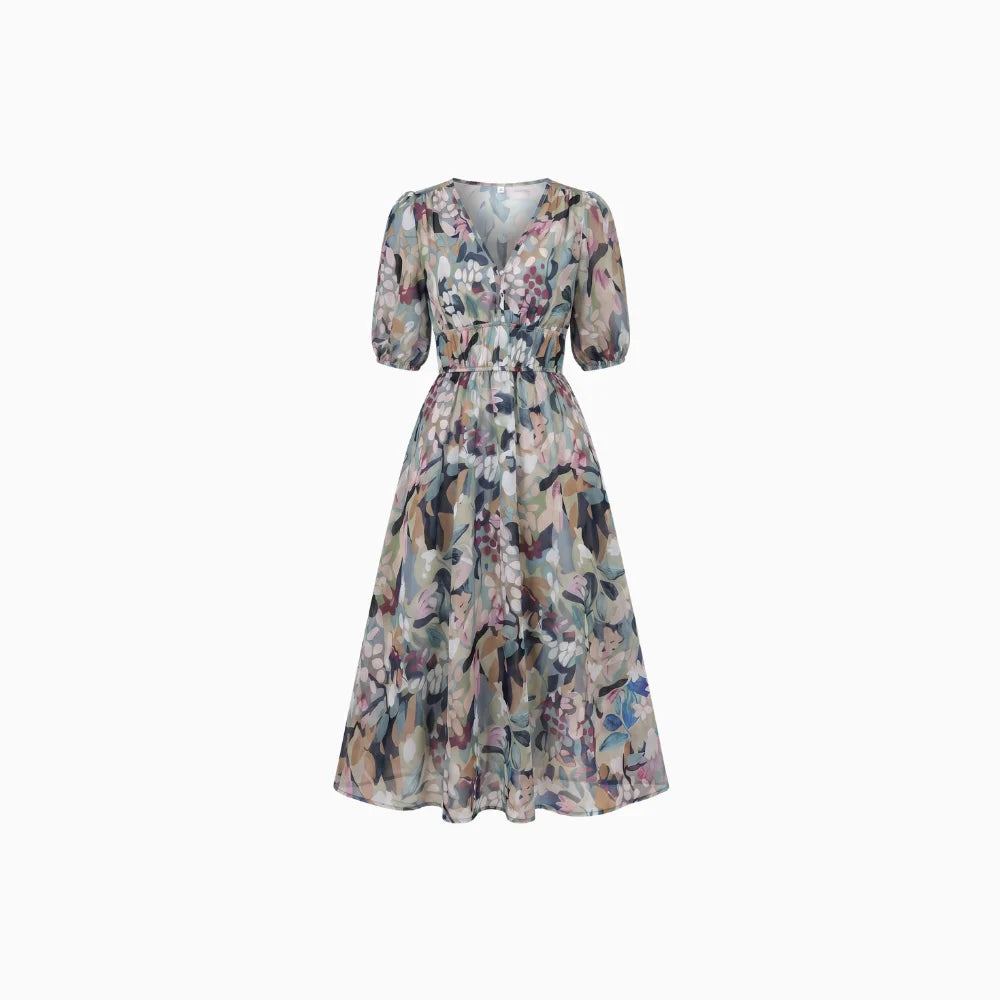 Women's Elegant Floral Midi Dress with Puff Sleeves – Floral Wedding Guest Dress-Dresses-Floral-S-