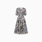 Women's Elegant Floral Midi Dress with Puff Sleeves – Floral Wedding Guest Dress-Dresses-Floral-S-