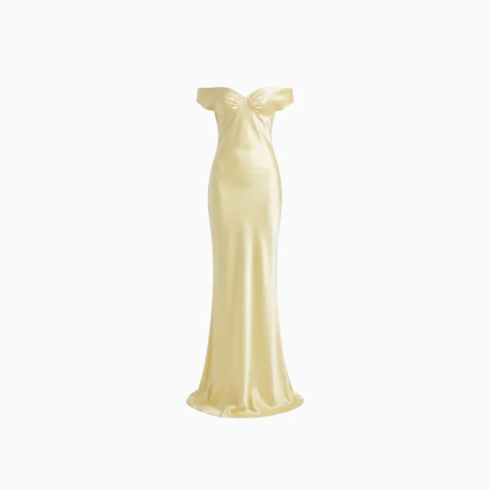 Elira | Off-Shoulder Maxi Dress for Women – Open Back Floor-Length Fit-Dresses-Yellow-S-Camoufit