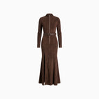 Verisse | Belted Suede Zip Dress for Women – Maxi Side Slit Elegant Fit-Dresses-Dark Brown-XS-Camoufit