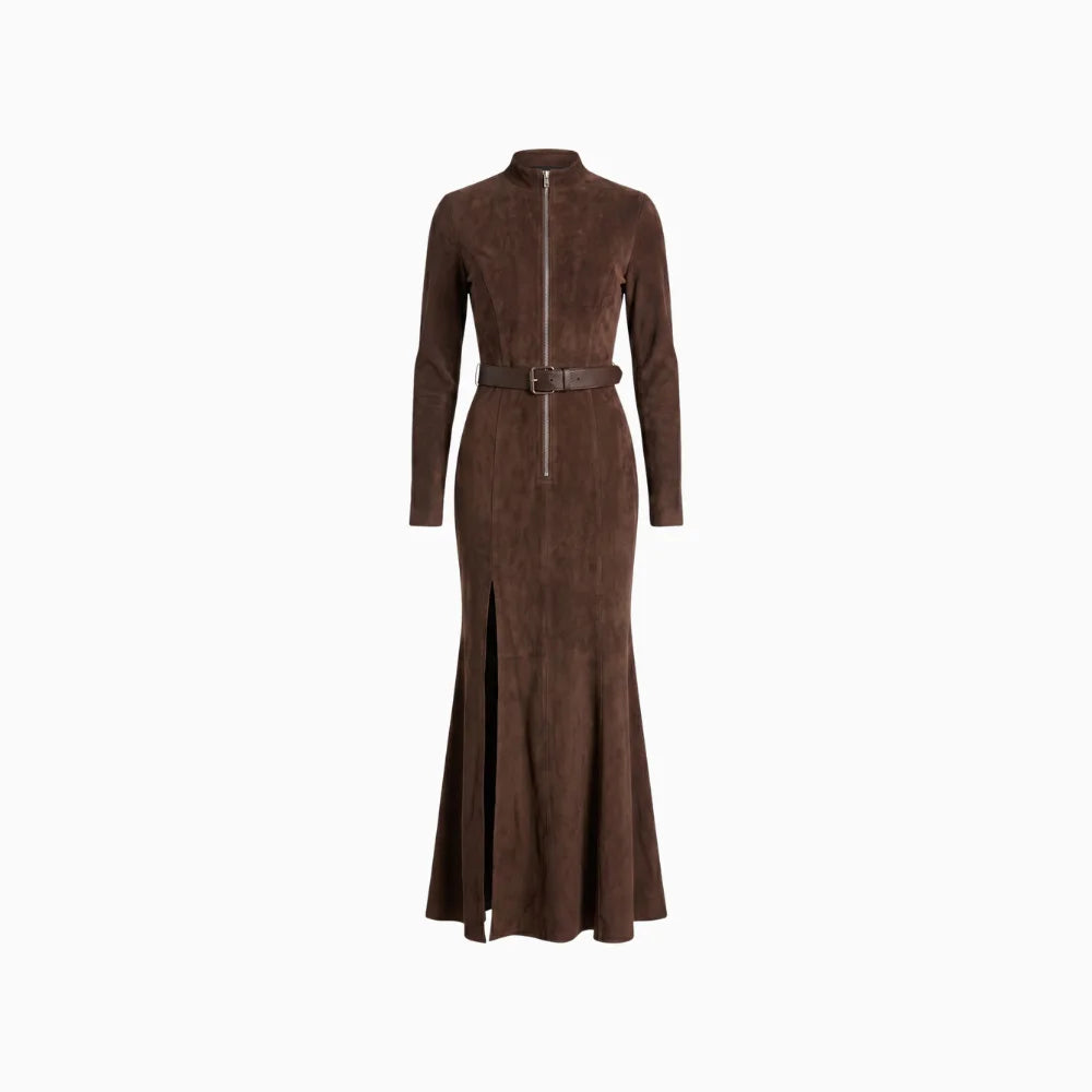 Verisse | Belted Suede Zip Dress for Women – Maxi Side Slit Elegant Fit-Dresses-Dark Brown-XS-Camoufit
