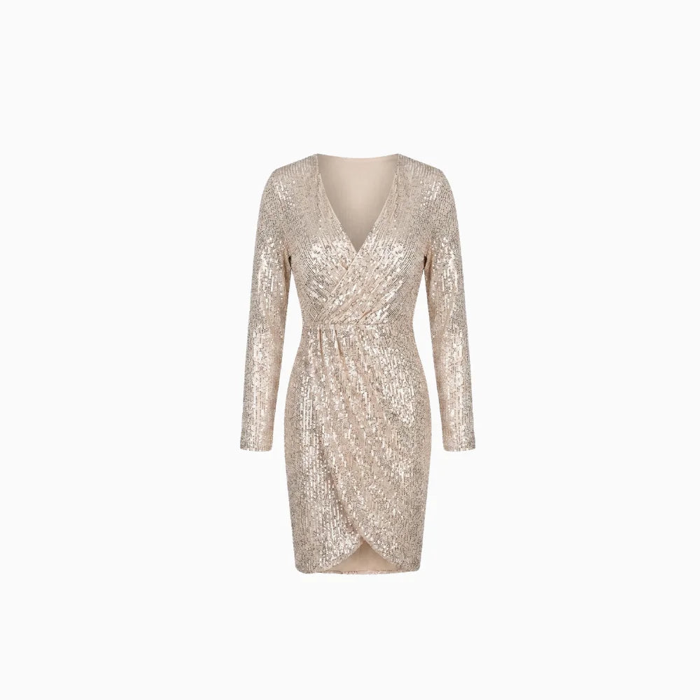 Women's Elegant Sequin Dress – Glamorous Party Evening Fit-Dresses-Beige-S-