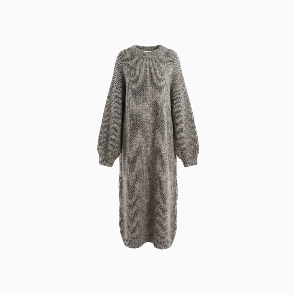 Seluna | Maxi Dress for Women - Round Neck Knitted Heathered Khaki Loose Elegant Fit-Dresses-Khaki-XS-Camoufit