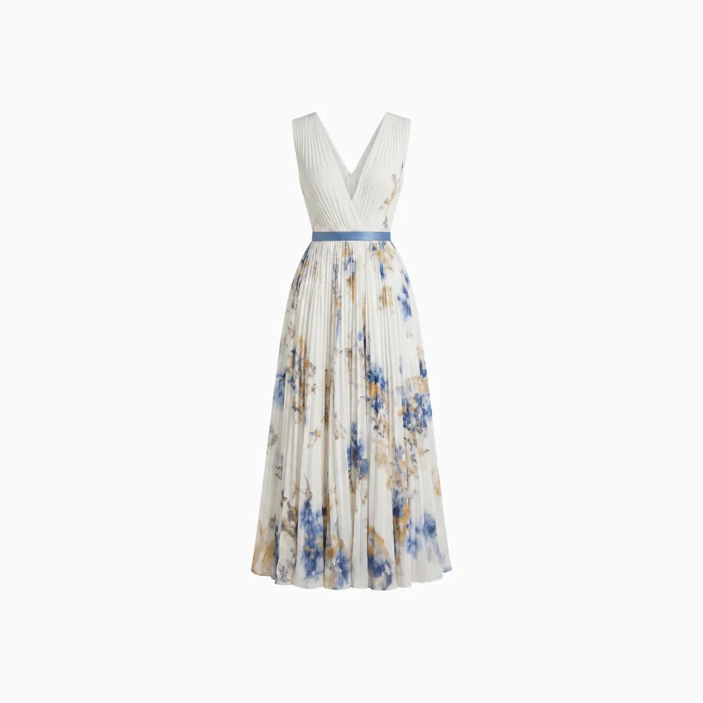 Women's Floral Plisse Ceremony Dress – Elegant Chiffon Midi Fit in Blue and White-Wedding Guest Dresses-White-S-