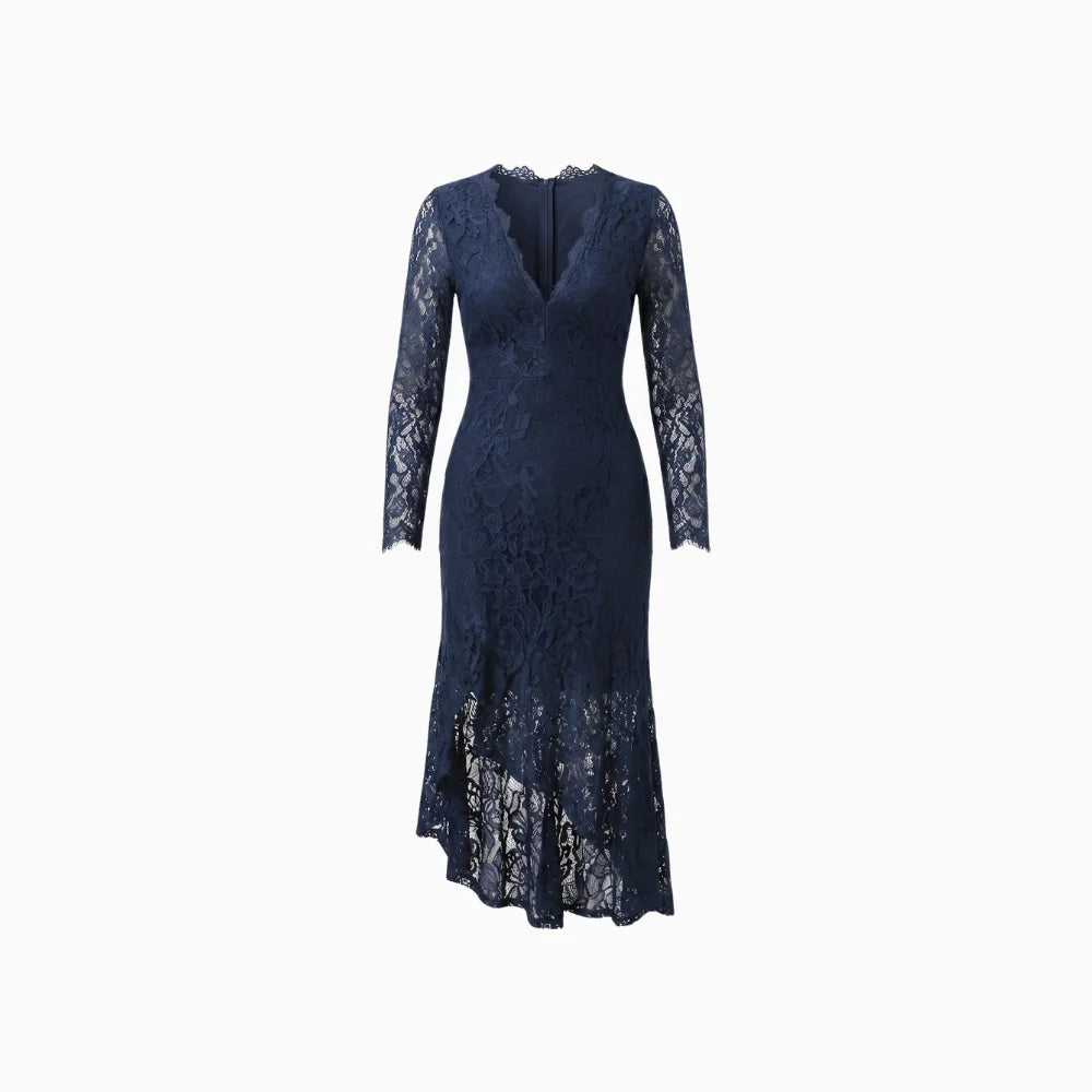 Évara | Midi Dress for Women - V Neck Long Sleeve Blue Lace Vintage Boho Flattering Fit-Dresses-Blue-XS-Camoufit