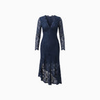 Évara | Midi Dress for Women - V Neck Long Sleeve Blue Lace Vintage Boho Flattering Fit-Dresses-Blue-XS-Camoufit