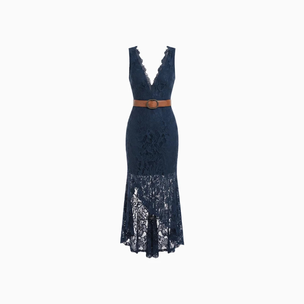 Solenne | Lace Midi Dress for Women - Sleeveless Blue Vintage Boho Waistband Loose Romantic Fit-Dresses-Blue-XS-Camoufit
