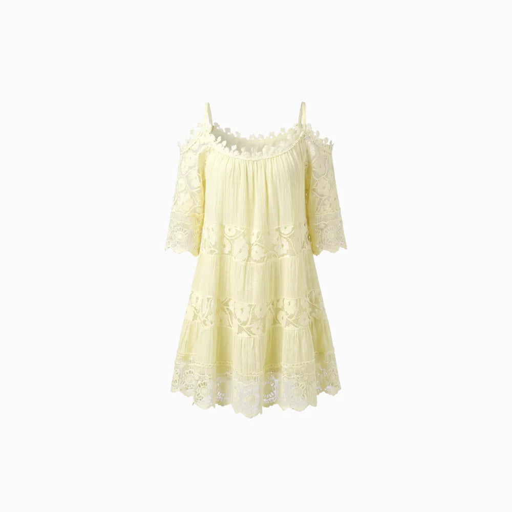 Meliora | Cold Shoulder Mini Dress for Women - Lace Floral Embroidery Regular Summer Fit-Mini Dress-Yellow-S-Camoufit