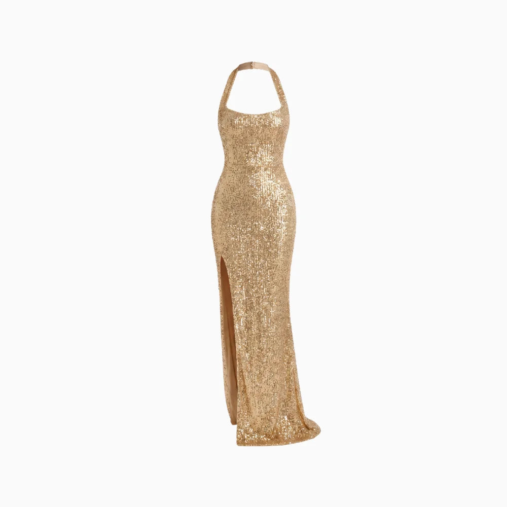 Women's Halter Neck Dress – Backless High Slit Evening Dress-Dresses-Gold-S-