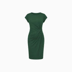 Vireya | Knee Length Dress for Women - Round Neck Cap Sleeve Ruched Waist Fitted Elegant Fit-Midi Dresses-Black-XS-Camoufit