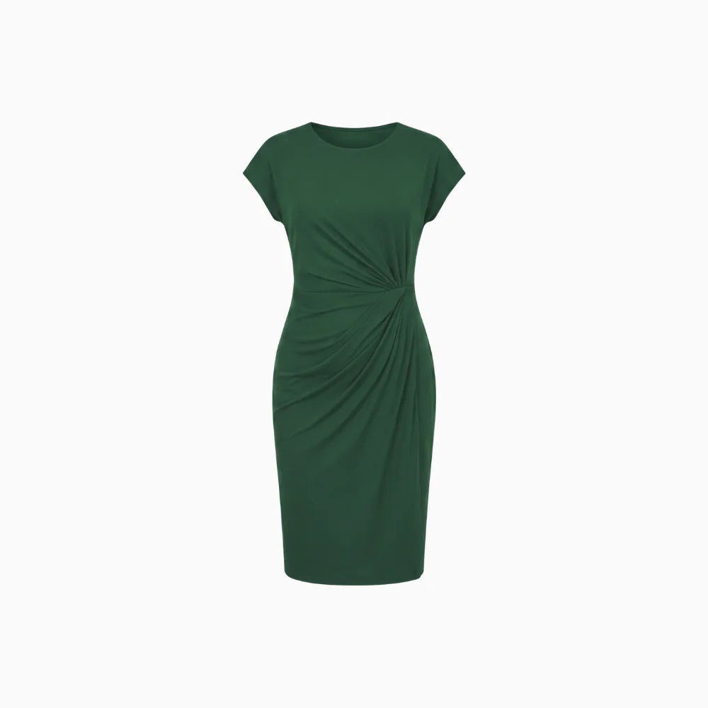 Vireya | Knee Length Dress for Women - Round Neck Cap Sleeve Ruched Waist Fitted Elegant Fit-Midi Dresses-Black-XS-Camoufit