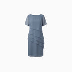 Zarelle | Short Sleeve Dress for Women - Layered Front Round Neck Straight Regular Fit-Dresses-Blue-S-Camoufit