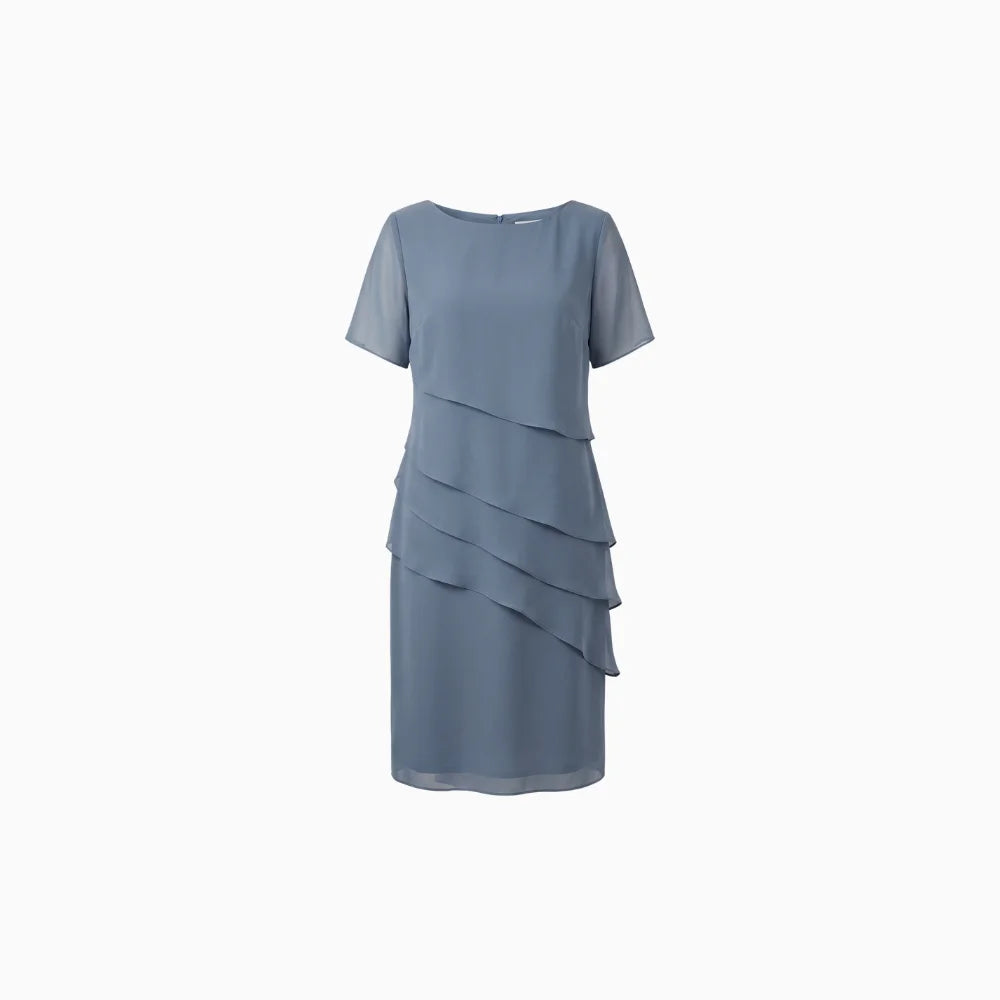 Zarelle | Short Sleeve Dress for Women - Layered Front Round Neck Straight Regular Fit-Dresses-Blue-S-Camoufit