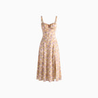 Women's Elegant Figure-Flattering Corset Midi Dress with Fitted Bodice and Flowing Skirt-Summer Dress-Yellow-S-