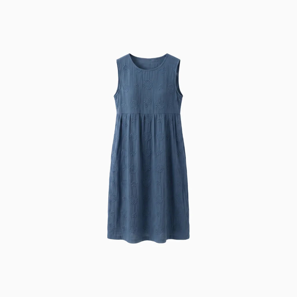 Véline | Midi Sleeveless Dress for Women - Textured Embroidered Regular Casual Summer Fit-Midi Dresses-Blue-S-Camoufit