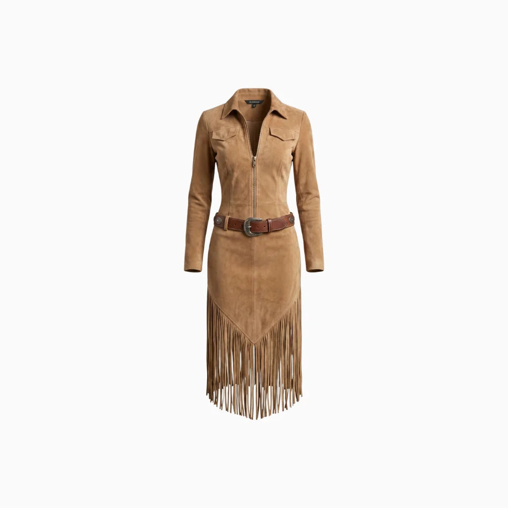 Rosélune | Western Tassel Midi Dress for Women – Suede Belted Slim Fit-Dresses-Light brown-XS-Camoufit