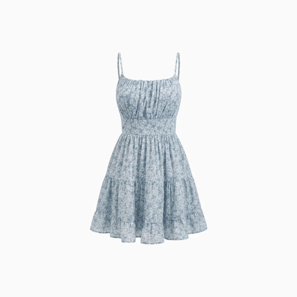 Women's Floral Mini Dress with Spaghetti Straps Cinched Waist Tiered Ruffle Hem Sundress-Mini Dress-Blue-2XS-