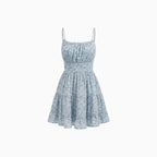 Women's Floral Mini Dress with Spaghetti Straps Cinched Waist Tiered Ruffle Hem Sundress-Mini Dress-Blue-2XS-