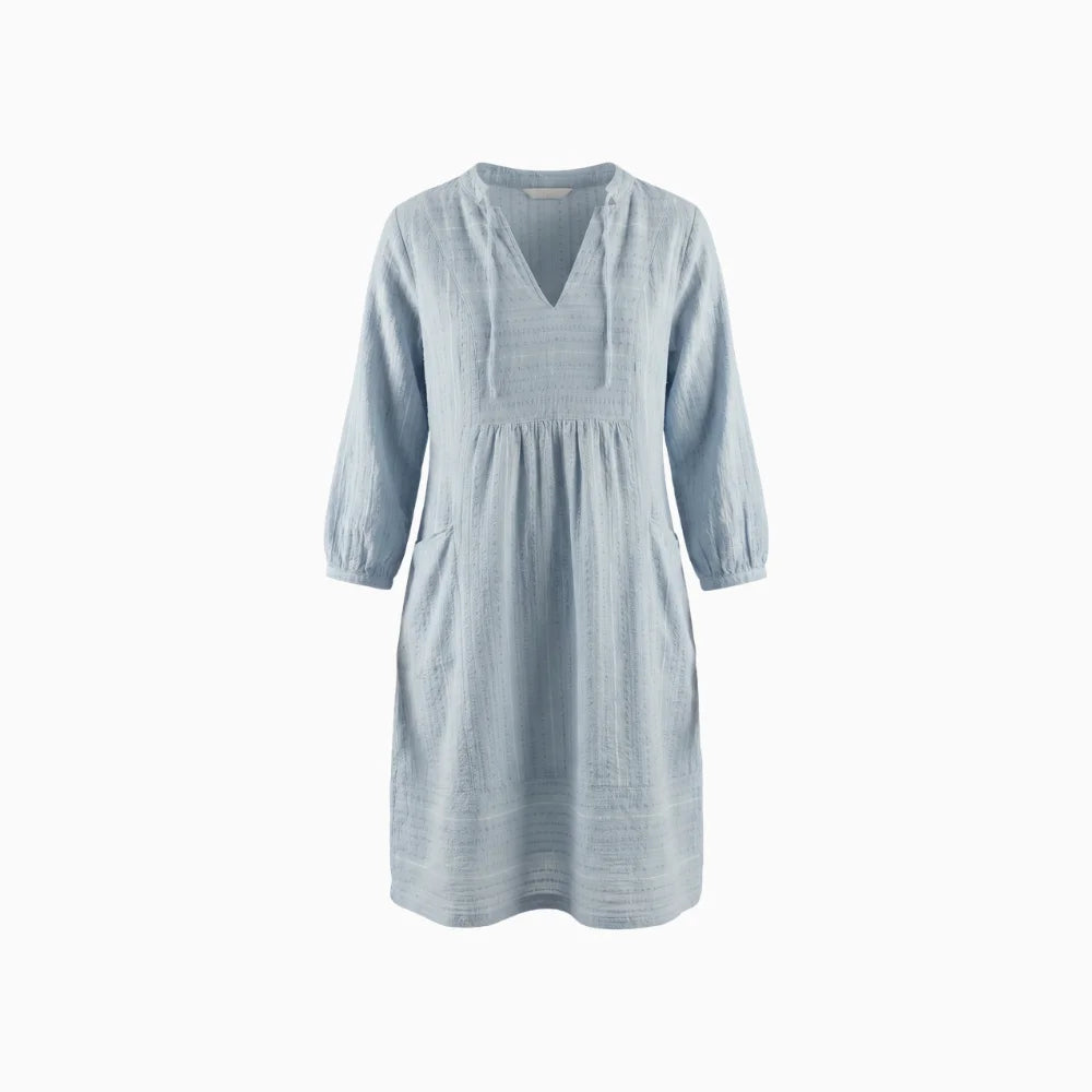 Women's Tunic Dress with V-Neck Tie Detail Three-Quarter Sleeves Side Pockets Breathable Style-Midi Dresses-Blue-S-