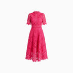 Naïra | Lace Midi Dress for Women - High Neck Short Sleeve Textured Regular Elegant Fit-Midi Dresses-Hot Pink-S-Camoufit