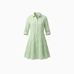 Women's Tiered Shirtdress with Collared V-Neck Button Front Three-Quarter Sleeves Breezy Style-Dresses-Green-S-