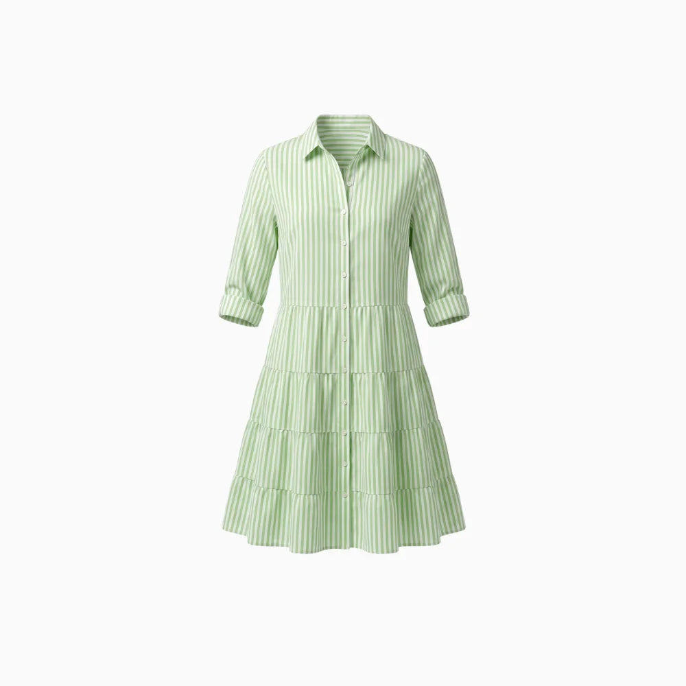 Women's Tiered Shirtdress with Collared V-Neck Button Front Three-Quarter Sleeves Breezy Style-Dresses-Green-S-