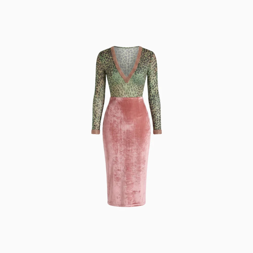 Rovina | Bodycon Midi Dress for Women - Leopard Velvet V Neck Long Sleeve Elegant Flattering Fit-Midi Dresses-Pink-XS-Camoufit