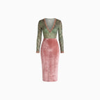 Rovina | Bodycon Midi Dress for Women - Leopard Velvet V Neck Long Sleeve Elegant Flattering Fit-Midi Dresses-Pink-XS-Camoufit