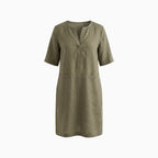 Women's Elegant Shift Dress with Notched Neckline Elbow Sleeves Side Pockets Breathable Style-Midi Dresses-Beige-S-
