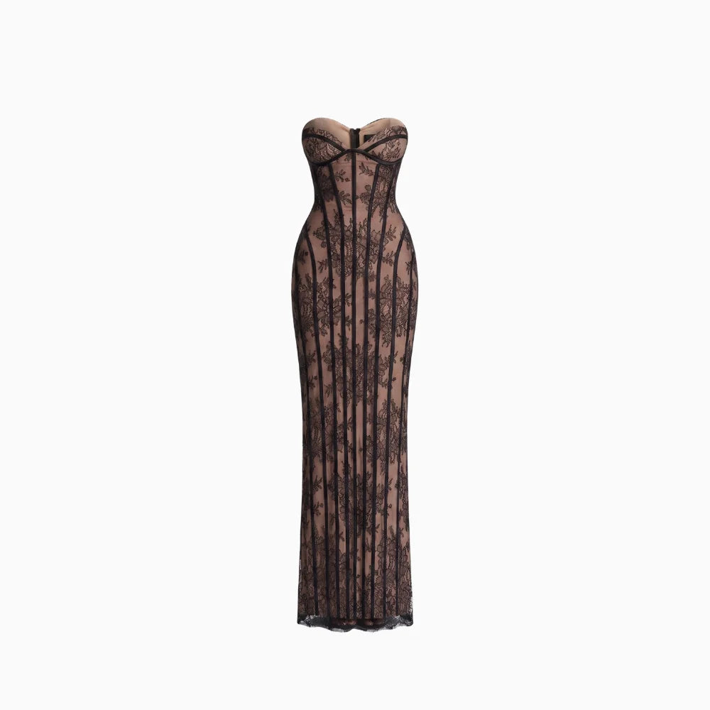 Elysia | Strapless Maxi Dress for Women - Black Floral Lace Corset Lace Up Elegant Fit-Evening Dress-S-Camoufit