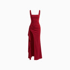 Women's Sleeveless Maxi Dress with Square Neck Side Split Hem Adjustable Straps Long Dress-Evening Dress-Red-XS-