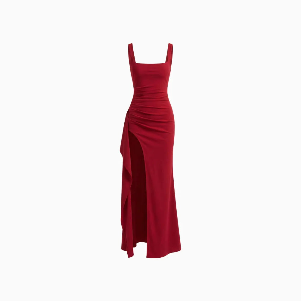 Women's Sleeveless Maxi Dress with Square Neck Side Split Hem Adjustable Straps Long Dress-Evening Dress-Red-XS-