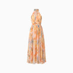 Women's Halter Neck Maxi Dress with Tie Back Gathered Waist Flared Skirt Abstract Print-Summer Dress-Apricot-XS-