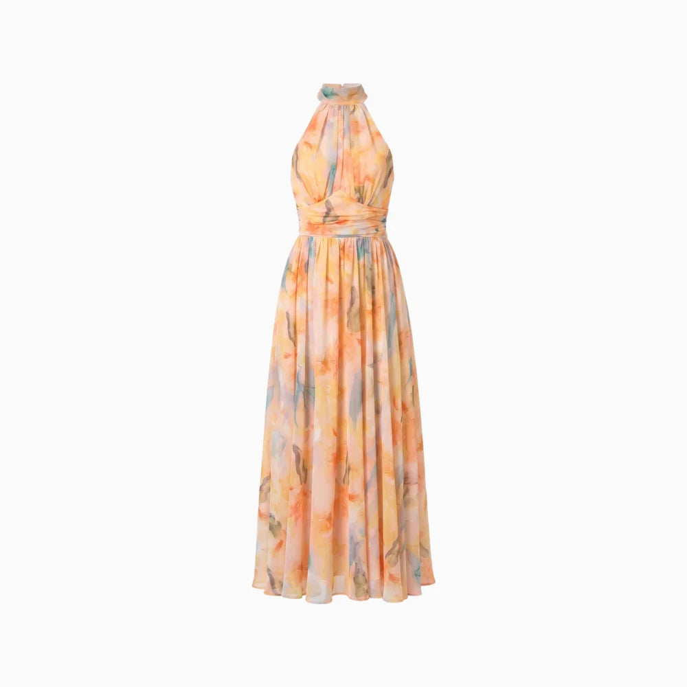 Women's Halter Neck Maxi Dress with Tie Back Gathered Waist Flared Skirt Abstract Print-Summer Dress-Apricot-XS-