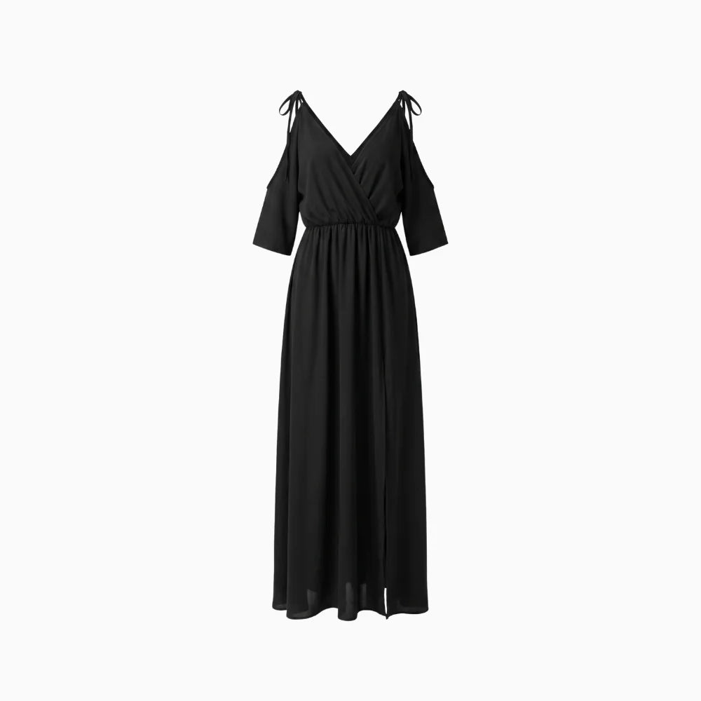 Rosavie | Cold Shoulder Maxi Dress for Women - V Neck Wrap Elasticated Slit Regular Fit-Dresses-Black-S-Camoufit