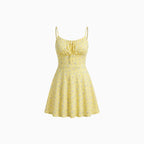 Women's Floral Cami Mini Sundress with Ruched Bust Tie Front A-Line Spaghetti Strap Dress-Mini Dress-Yellow-XS-