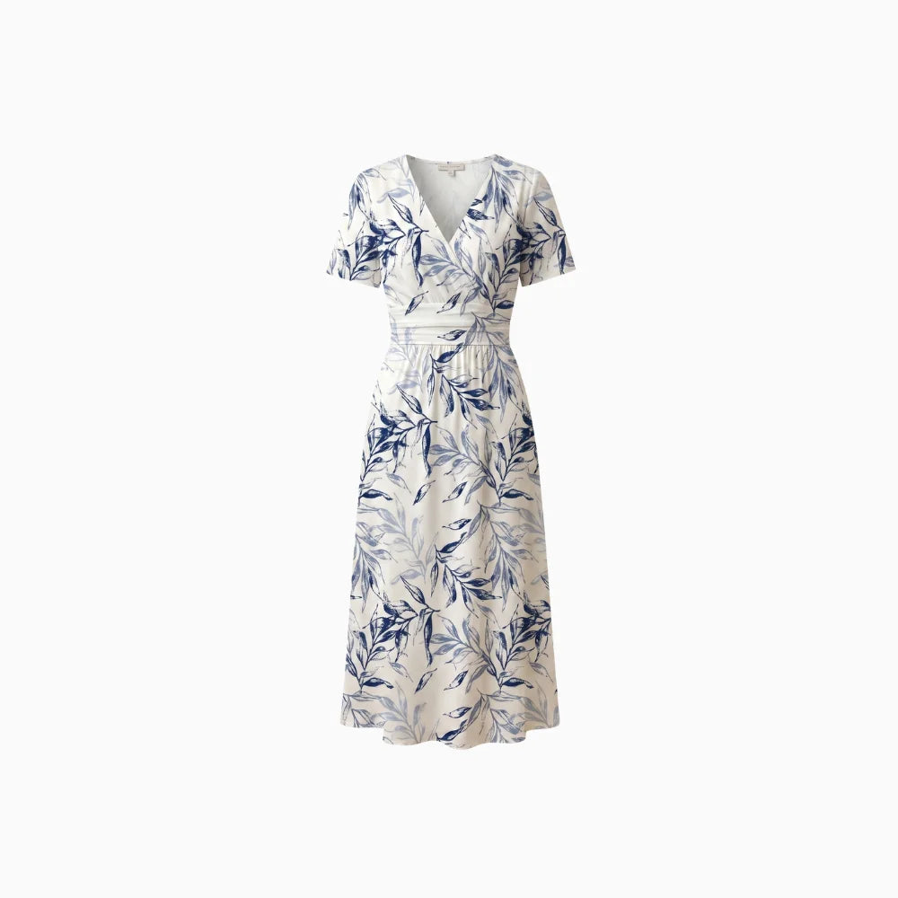 Malira | Midi Dress for Women - V Neck Floral Short Sleeve A Line Flattering Fit-Midi Dresses-S-Camoufit