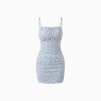 Women's Floral Ruched Mini Dress with Spaghetti Straps Bodycon Ribbed Stretch Summer Dress-Mini Dress-Blue-S-