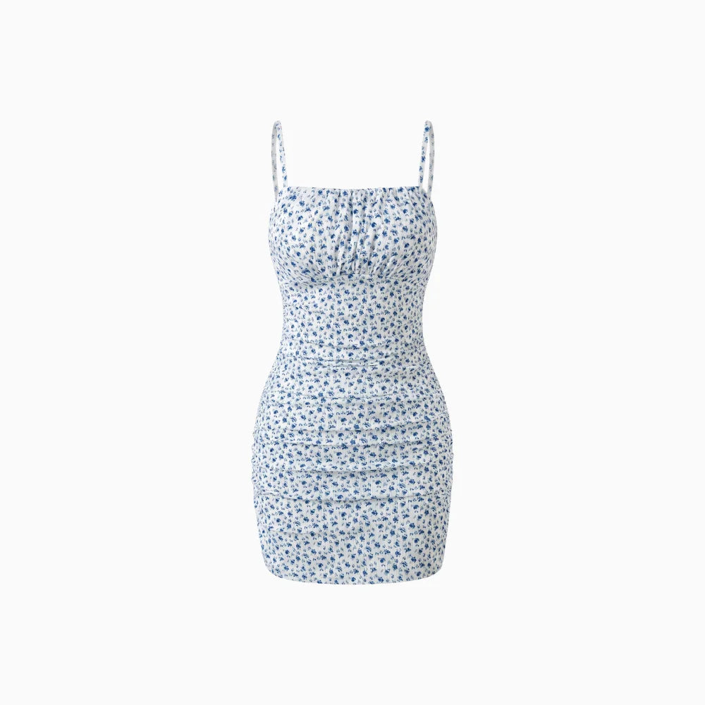 Women's Floral Ruched Mini Dress with Spaghetti Straps Bodycon Ribbed Stretch Summer Dress-Mini Dress-Blue-S-