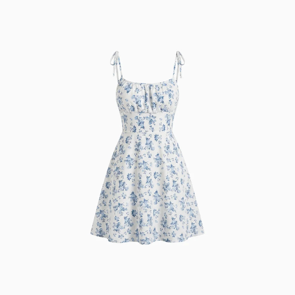 Women's Floral Mini Sundress with Tie Straps Square Neck Fit and Flare A-Line Summer Dress-Mini Dress-Blue-XS-
