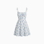 Women's Floral Mini Sundress with Tie Straps Square Neck Fit and Flare A-Line Summer Dress-Mini Dress-Blue-XS-