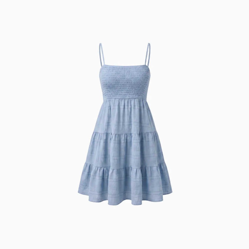 Women's Smocked Tiered Mini Dress with Bustier Bodice Spaghetti Straps A-Line Summer Dress-Mini Dress-Light Blue-S-