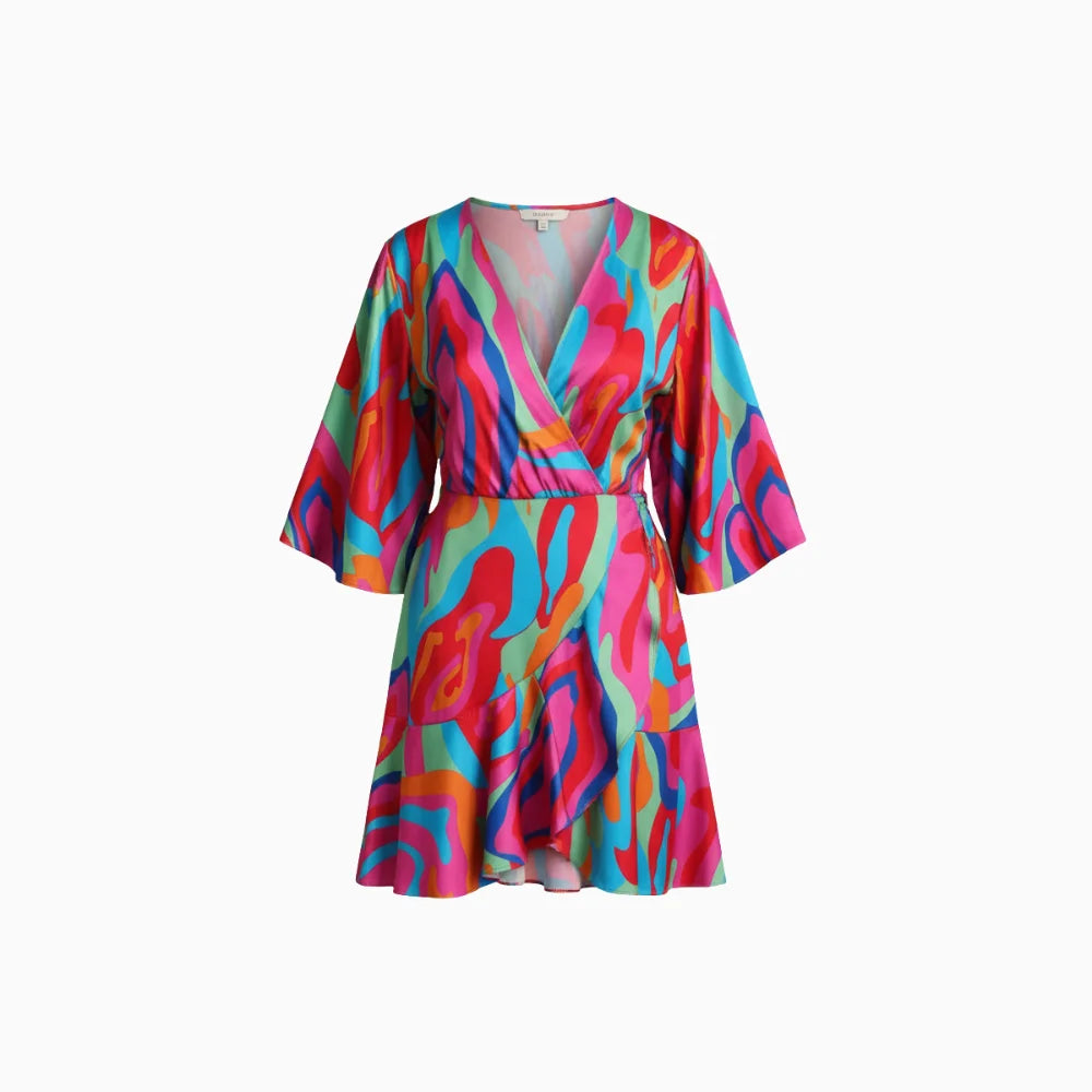 Lunaria | Mini Dress for Women - V Neck Batwing Sleeve Printed Waist Tie Flattering Fit-Mini Dress-Pink-S-Camoufit